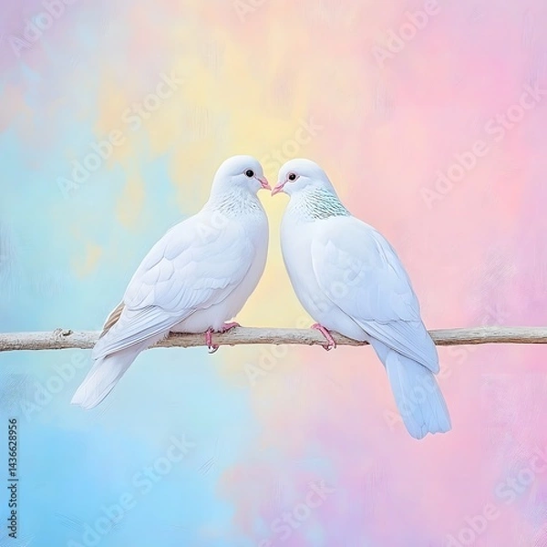 Fototapeta Two white doves on a branch, love concept.