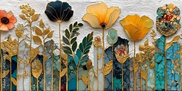 Fototapeta Floral tapestry with multicoloured marble texture adorned with golden leaves and edges 