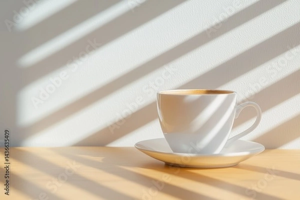 Fototapeta White coffee cup on wooden table with saucer casting diagonal shadows bathed in warm soft sunlight creating minimalist and serene atmosphere with subtle contrast in light and shadow.