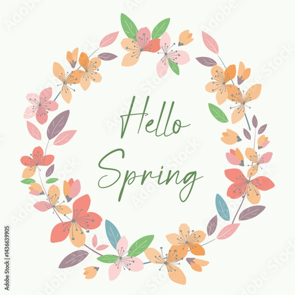 Fototapeta Illustrated spring wreath featuring a variety of pastel-colored sacura flowers and leaves, with the words 'Hello Spring' written in the middle. For postcard design, invitation