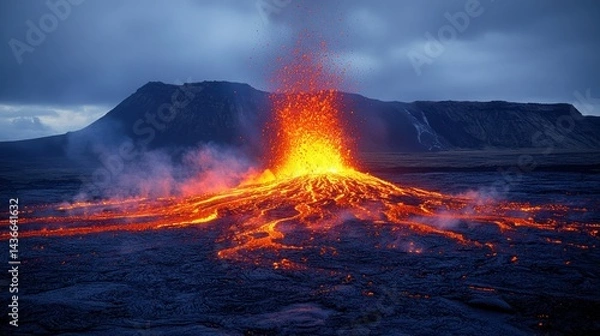 Obraz Erupting volcano spews lava and smoke against a dark sky and landscape.