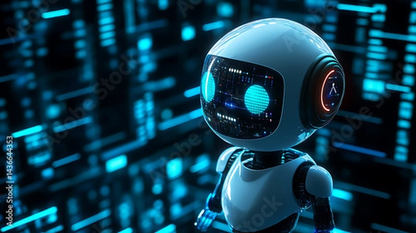 Fototapeta Futuristic Friendly Robot AI in a Digital World of Blue Data Streams.
