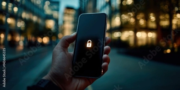 Fototapeta Hand Holding Smartphone Displaying Lock Icon for Security