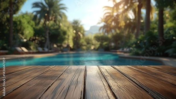 Fototapeta Swimming pool surrounded by palm trees viewed from a wooden deck on sunny day.