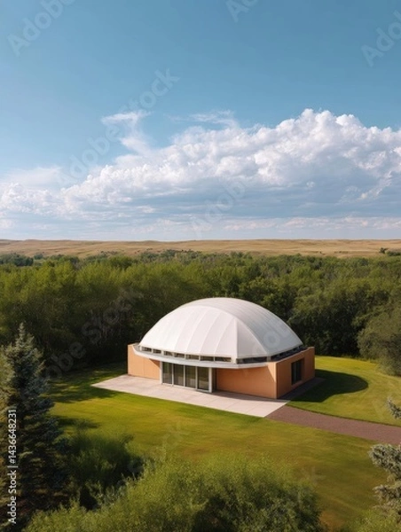Fototapeta Large white dome-shaped building with a curved roof on top of a grassy hill. the building appears to be a modern structure with a flat roof and large windows on the sides.