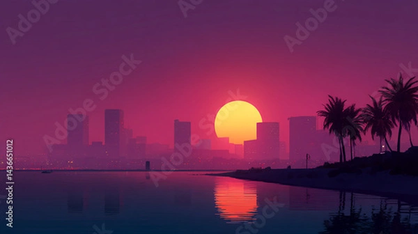 Fototapeta Silhouette of city skyline at sunset reflected in calm water, palm trees in foreground, large yellow sun dominates the sky, conveying a tranquil yet vibrant urban scene