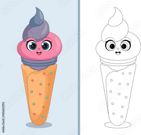 Fototapeta Cute Cartoon Ice Cream Coloring Page and Color Illustration