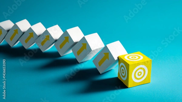 Obraz White cubes with yellow upward arrows cascade into a yellow cube with target symbols, illustrating progress towards a goal