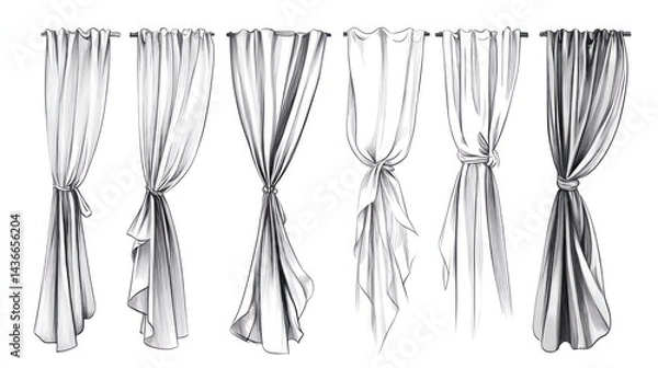 Fototapeta Various curtain styles, hanging, white background, home decor