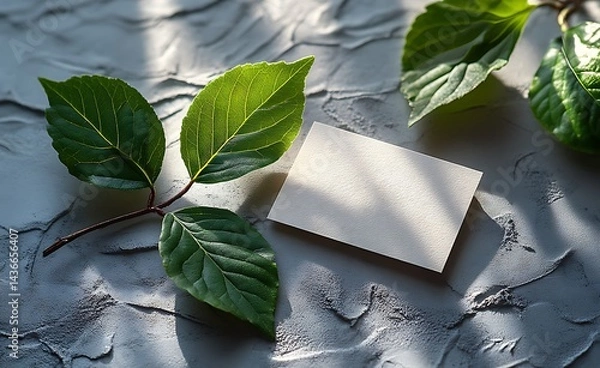 Fototapeta Blank Card Mockup with Green Leaves for Branding and Eco-Friendly Design

