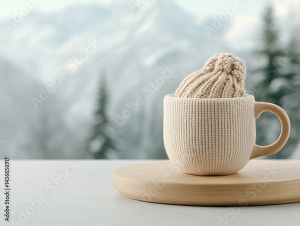 Obraz Knitted hat in a cup, snowy mountains