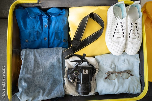 Obraz Neatly Packed Suitcase – Travel Essentials for a Stylish Journey