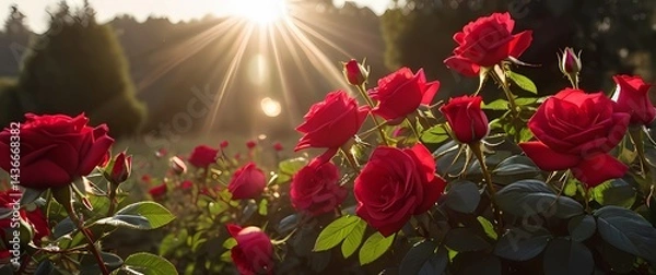 Obraz Vivid cluster of wild red roses bursting with fragrant blooms under early morning sunshine glistening with dew