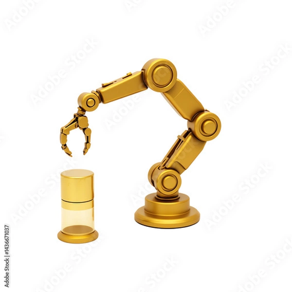 Fototapeta Golden robotic arm handling a transparent cylinder.