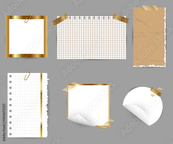 Obraz Realistic Set of Notes on Grey Background with Tape, Pins and Paper Clips, Illustration
