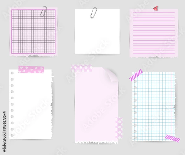 Obraz Realistic Set of Notes on Grey Background with Tape, Pins and Paper Clips, Illustration
