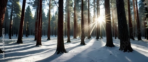 Obraz Snow dusted pine forest glistening under bright sunlight with vibrant evergreen needles glowing with early morning frost