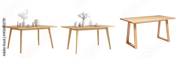 Fototapeta A set of modern wooden dining table with Scandinavian design, clean lines and warm wood tone cut out on white background