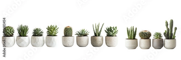 Fototapeta A set of mixed cactus and succulents types in modern ceramic Nordic vase pots on minimalist white background isolated on a transparent background