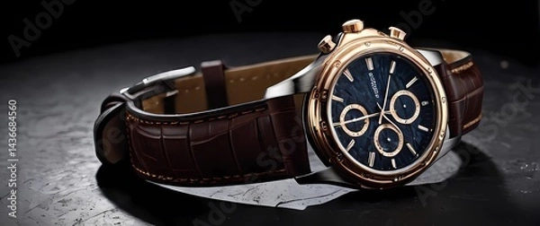 Obraz Product photo luxury leather watch strap curled elegantly on textured dark concrete pedestal with soft light