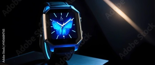 Obraz Premium smartwatch positioned on black hexagonal block with electric blue light beams shining behind