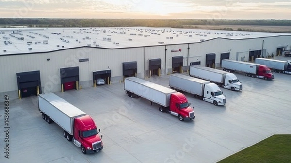 Obraz A high-angle shot shows various delivery trucks at a major warehouse's loading bays.
 
