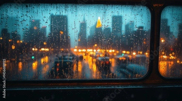 Fototapeta City skyline seen through a rain-streaked window at night with blurred lights.