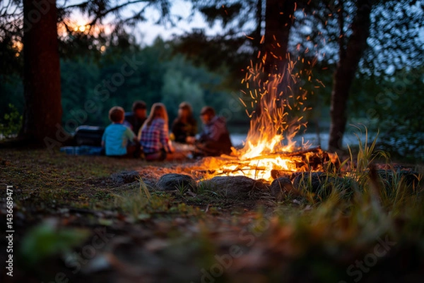 Fototapeta Friends sharing stories around a warm campfire at dusk by a tranquil lake in the woods