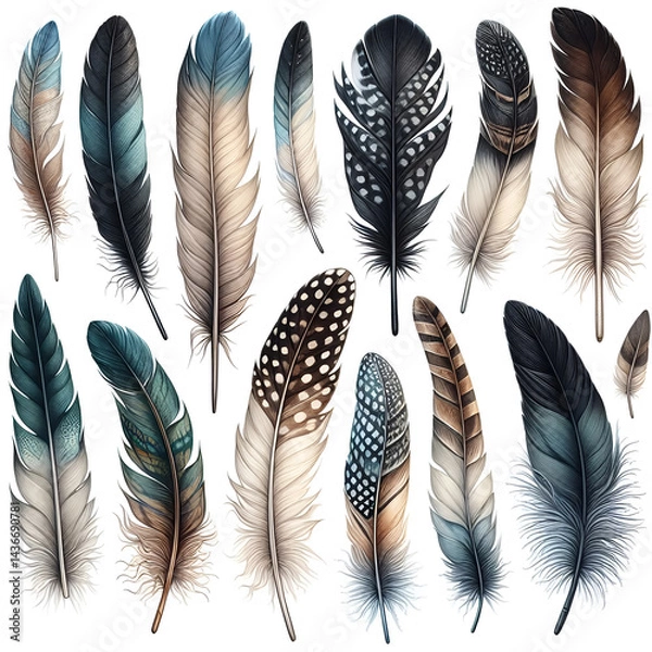 Fototapeta Hand drawn feathers illustration isolated on white background.
feathers of the bird collection, quill seamless pattern