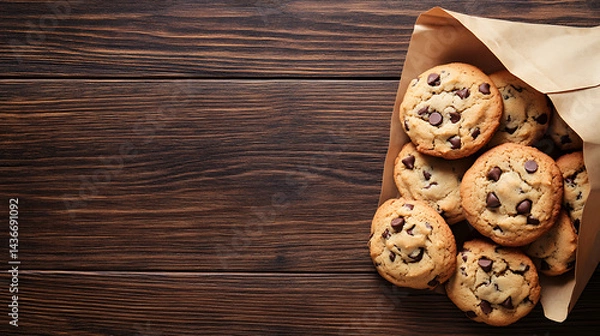 Fototapeta Chocolate chip cookies spilling out of a brown paper bag, sitting on a rustic wooden surface. 