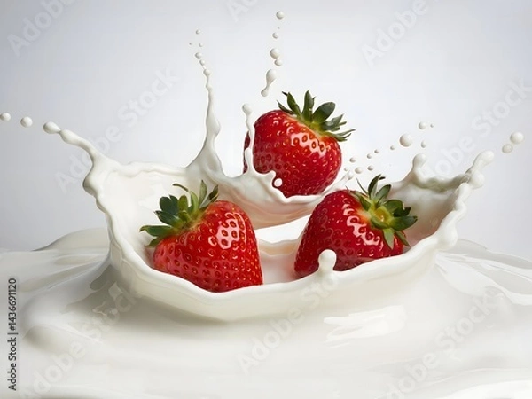 Fototapeta three fresh red strawberries splashing into white milk against a pure white background