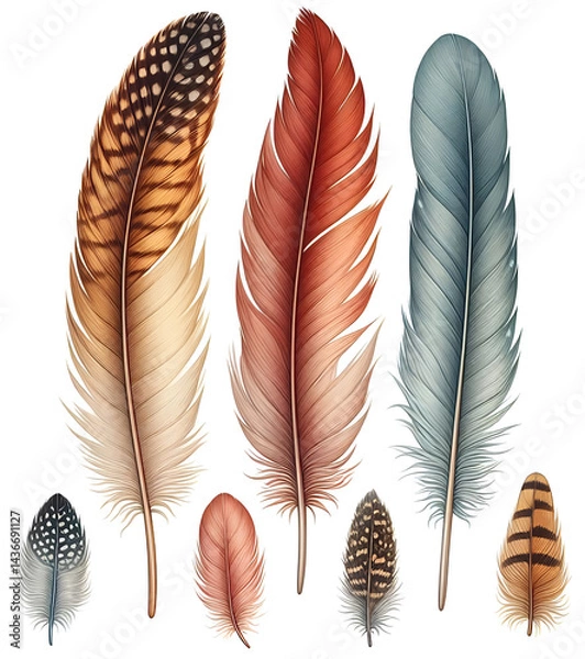 Fototapeta Hand drawn feathers illustration isolated on white background.
feathers of the bird collection, quill seamless pattern