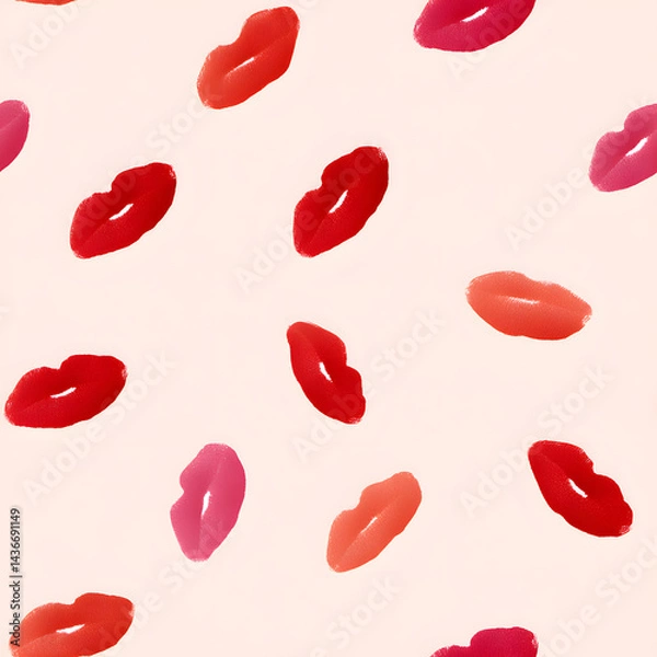 Fototapeta Abstract pattern with red lip print in watercolor style on pale pink background. Saint Valentine Day wrapping paper. 