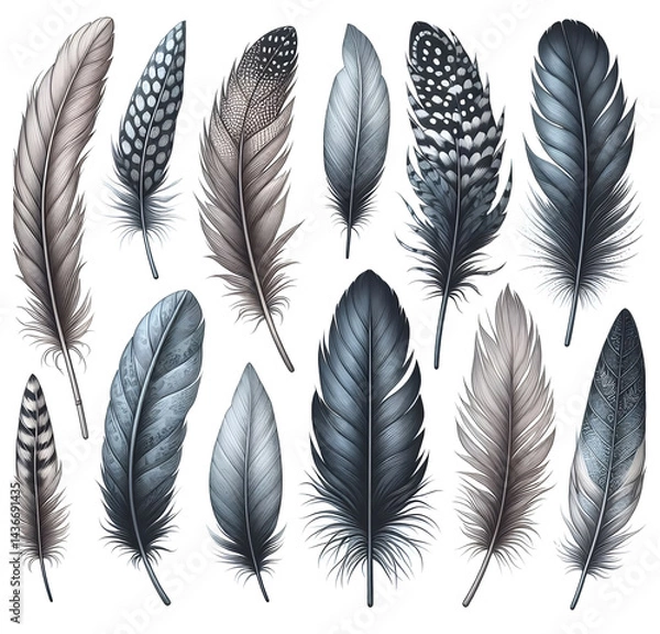 Obraz Hand drawn feathers illustration isolated on white background. feathers of the bird collection, quill seamless pattern
