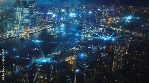 Obraz Night lights, a city of modern business and smart digital innovation with a network of interconnected rewards over the cityscape of the future smart wireless digital city and social media network that