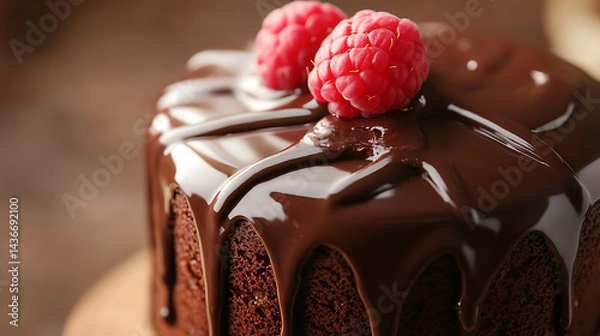 Fototapeta Chocolate drip on a delicius tasty chocolate cake with rasberries on top.