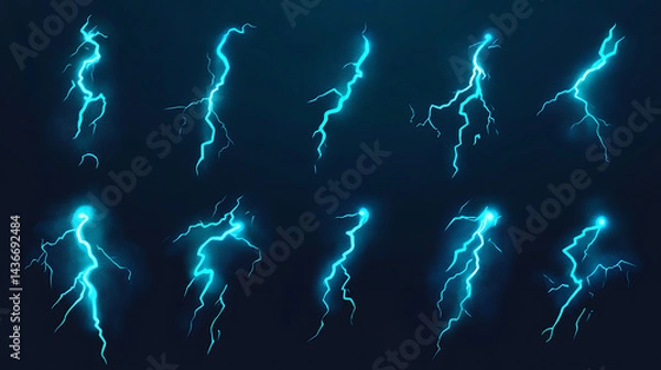 Fototapeta Set of glowing electric lightning bolt effects on dark background.