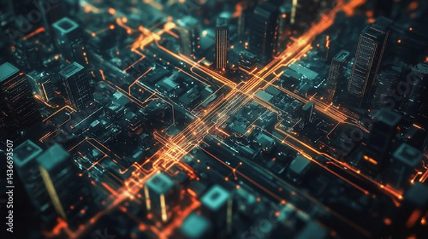 Obraz Night lights, a city of modern business and smart digital innovation with a network of interconnected rewards over the cityscape of the future smart wireless digital city and social media network that