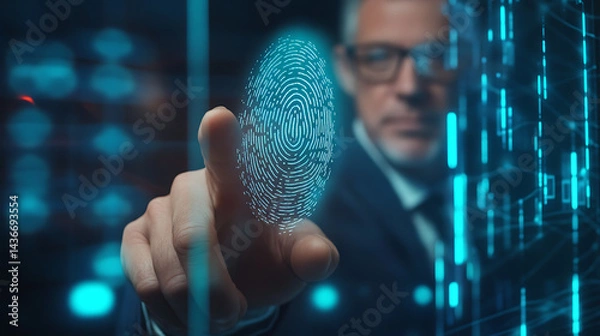 Obraz A finger touching a digital fingerprint interface with glowing lines and dark background.