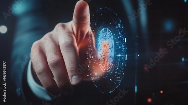 Fototapeta A finger touching a digital fingerprint interface with glowing lines and dark background.