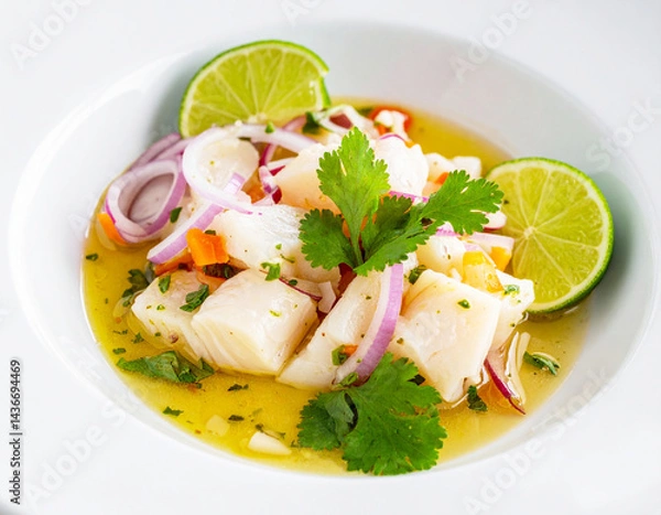 Fototapeta White fish ceviche with lime and cilantro. AI