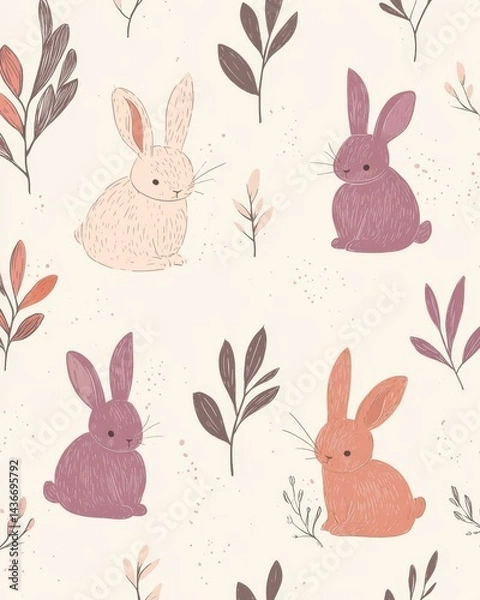 Fototapeta This pattern showcases cute cartoon bunnies in pastel colors, making it perfect for kids' items, textile design, and Easter themes