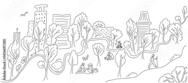Fototapeta simple horizontal city parkland landscape in linear doodle style. Template for background, wallpaper, banner, backdrop, decoration