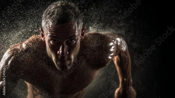 Fototapeta Athlete in motion, frozen in time, with visible water splashes creating dynamic energy.