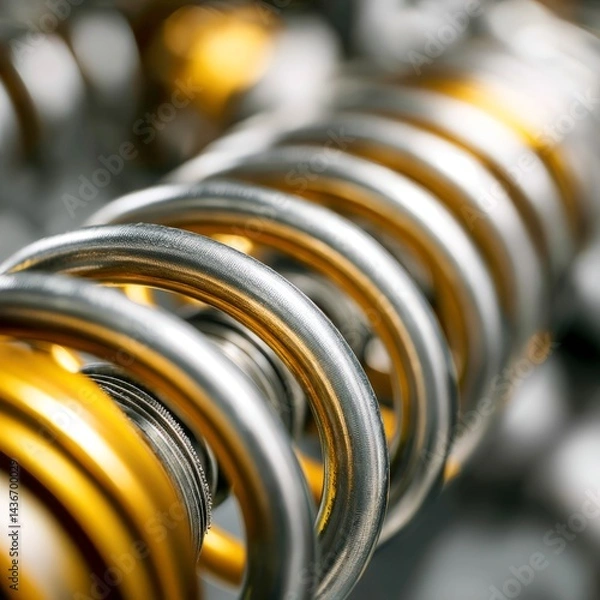 Fototapeta Close-up of a car's coil spring, metallic texture, industrial and mechanical detail.