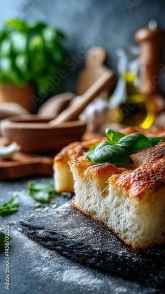 Fototapeta Freshly baked Genovese focaccia on a slate table, golden crust and aromatic herbs.