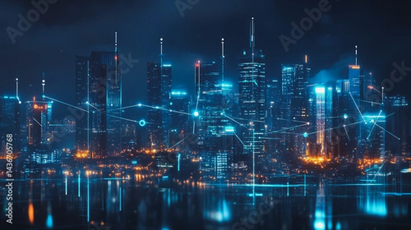 Fototapeta Night lights, a city of modern business and smart digital innovation with a network of interconnected rewards over the cityscape of the future smart wireless digital city and social media network that