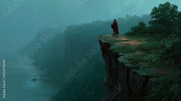 Fototapeta Medieval knight standing on a cliff overlooking a mysterious foggy landscape with water and distant hills