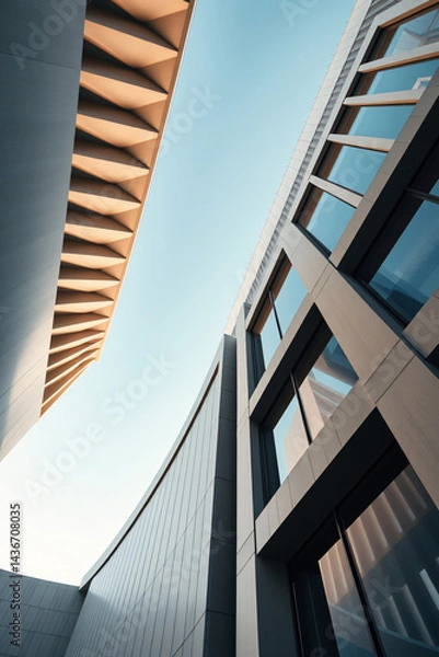 Fototapeta Description: Modern building facade with unique architectural design and large windows.