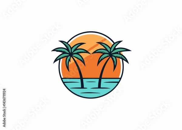 Fototapeta Tropical Sunset Paradise: Two palm trees stand tall against a vibrant sunset, casting their silhouettes over the calm sea, a symbol of tropical paradise. 